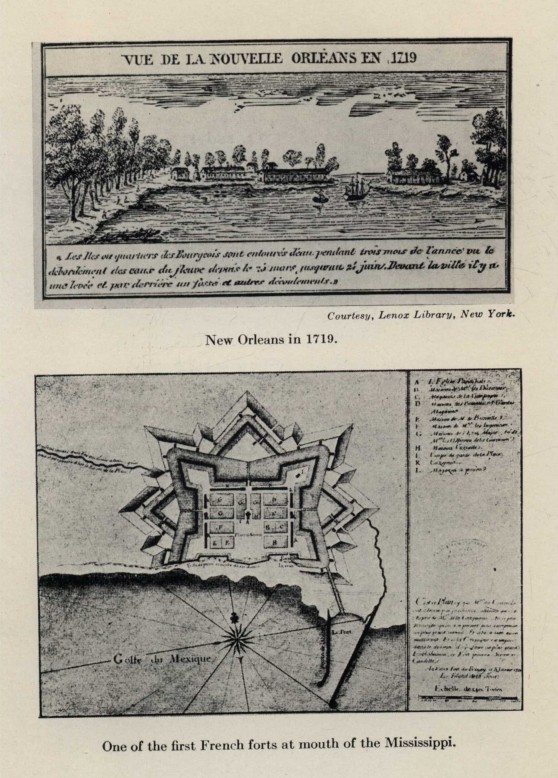 New Orleans in 1719.  One of the first French forts at mouth of the Mississippi.
