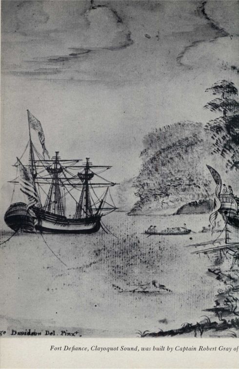 Fort Defiance, Clayoquot Sound, was built by Captain Robert Gray of the 'Columbia' in 1791.  George Davidson, an artist on the ship, drew this sketch