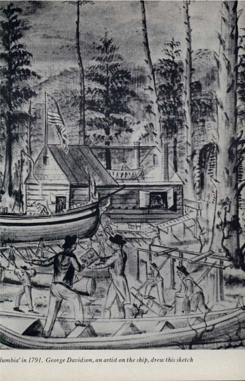 Fort Defiance, Clayoquot Sound, was built by Captain Robert Gray of the 'Columbia' in 1791.  George Davidson, an artist on the ship, drew this sketch